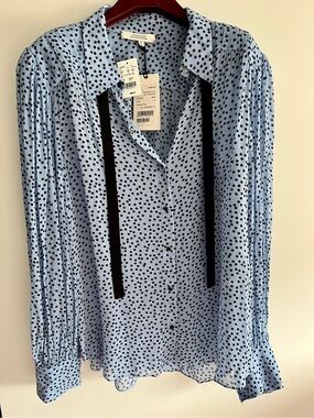 Light Blue Polka Dot Button-Front Blouse with Black Ties